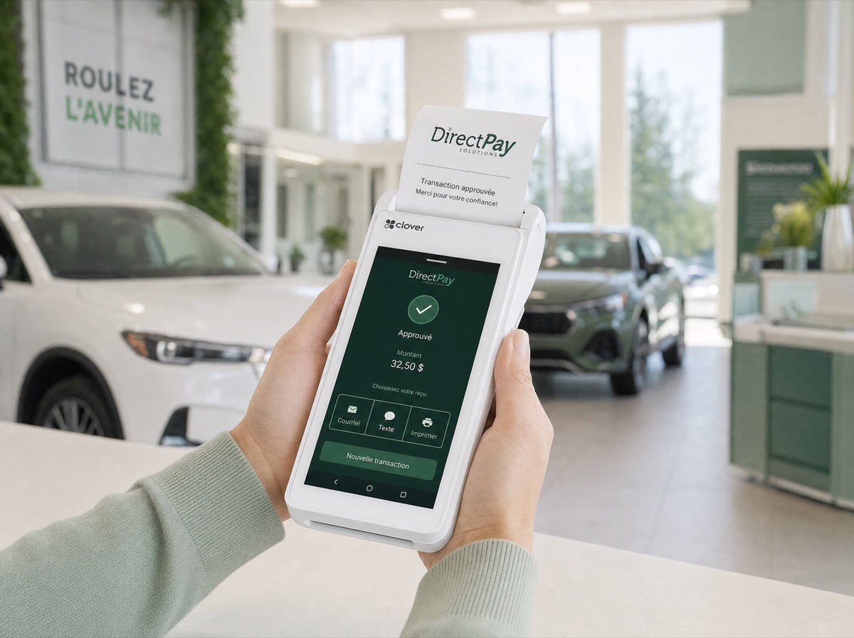 Client qui règle une facture de service sur un terminal de paiement Clover dans la salle de montre d'un concessionnaire automobile
