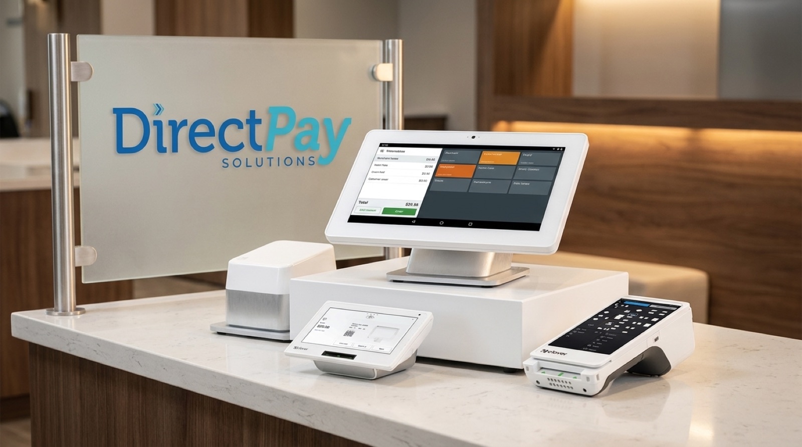 Gamme d'appareils Clover exposée sur un comptoir, avec l'affichage Direct Pay Solutions