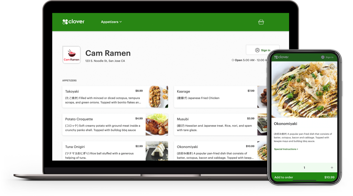 Portable et mobile affichant la commande Web Clover, solution de terminal virtuel