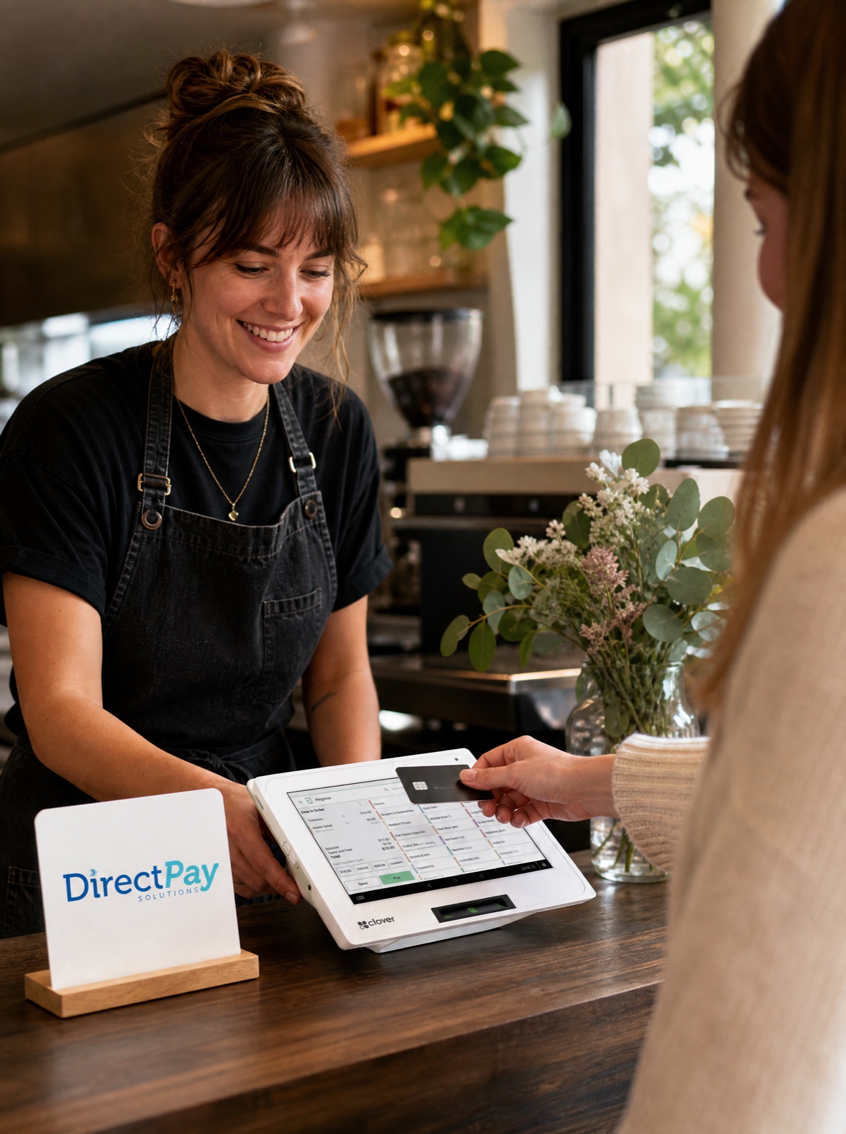 Employée de café utilisant une tablette de paiement Clover au comptoir